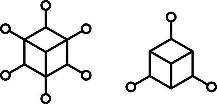 Abstract cube network icons. Geometric connection nodes and digital structure symbols.