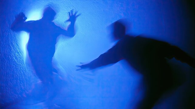 Two blurred figures in shadow reach out, trapped in ethereal blue light