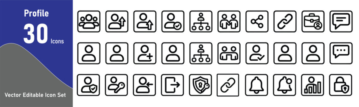 30 line icons representing user profiles teams and account management for digital interfaces