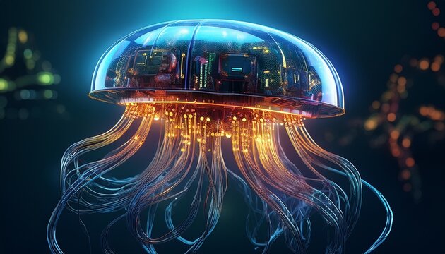 futuristic cyborg jellyfish with electronic circuits and robotic tentacles