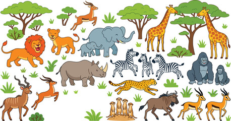 Colorful african safari animals illustration with trees and foliage for children's decor © Graphix Hub