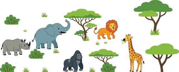 Charming safari animals illustration elephant rhino giraffe lion and gorilla in a cartoon style © Graphix Hub