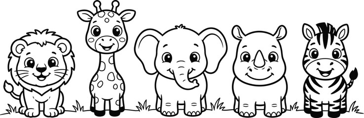 Charming cartoon safari animals lineup lion giraffe elephant rhino and zebra illustration © Graphix Hub