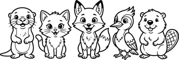Fototapeta premium Charming cartoon animal collection otter cat fox bird and beaver line art illustration