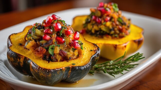 Roasted acorn squash halves filled with savory grain stuffing and topped with fresh pomegranate seeds during a rustic autumn meal