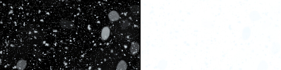 Detailed falling snow pattern with soft round bokeh lights on black and transparent background for magic winter night aesthetic and festive holiday celebrations. © MatStudio