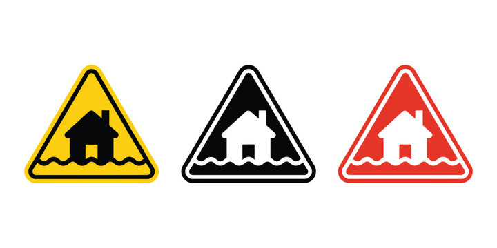 Flood disaster icon featuring water emergency flat vector symbol, natural hazard risk warning sign, and climate safety emblem.