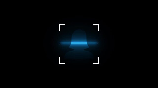 Woman icon scan animation showing futuristic face detection and people identification in minimal flat neon style.