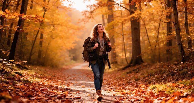 woman traveling and exploring nature on an autumn day.
