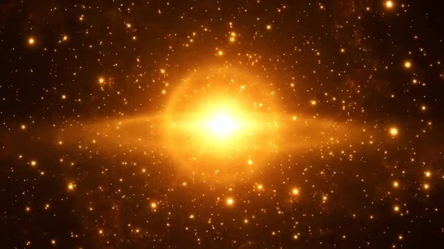 Glowing golden light particles and bokeh stars in a cosmic nebula background