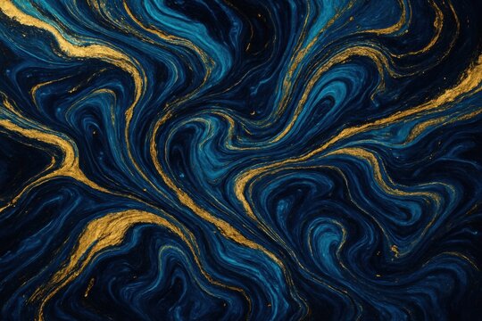 A luxurious abstract background featuring swirling patterns of deep blue, teal, and shimmering gold. Perfect for elegant designs, branding, web backgrounds, or upscale events.