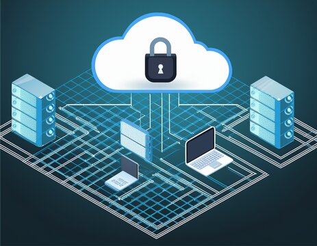 secure cloud computing network diagram with servers and devices