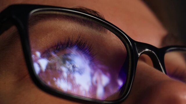 AI code on eyeglass glass, reflection on woman developer eyeglasses, working in dark office, tired busy people, depression on work, haker or it engineer with laptop, stocks markets. 