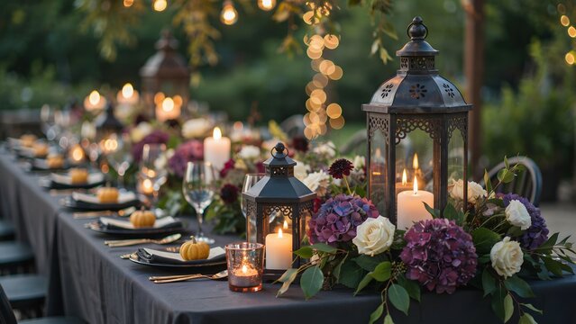 Elegant Halloween dinner table setting. Festive outdoor party decor with candles and flowers.