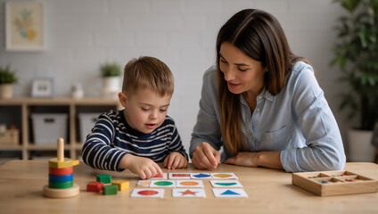 Naklejka premium Woman therapist helping caucasian child with special need during shape learning game. Developmental therapy session in clinic for education, cognitive development and socialization process.