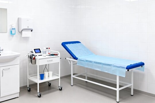 Empty medical examination room with treatment bed and equipment