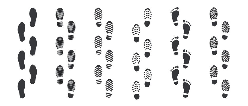 Footprint icons with shoe prints walking steps and editable outline symbols for navigation tracking and vector design