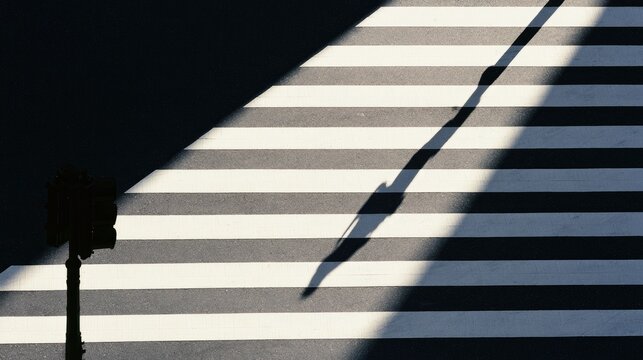 A stark shadow of a person crosses a striped crosswalk under harsh sunlight