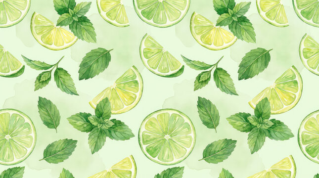 Watercolor lime and mint seamless pattern, fresh green citrus slices and herb leaves, vibrant botanical background, refreshing summer design