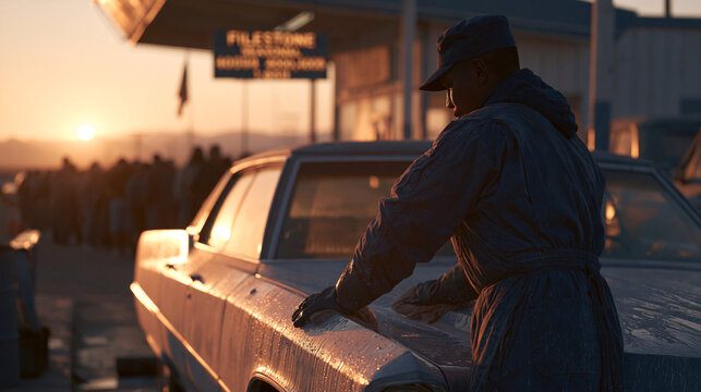 Car wash attendants polish a long vehicle at golden hour, crowd of customers queuing under a glowing sky, a milestone tally board visible near the entrance marking seasonal wash