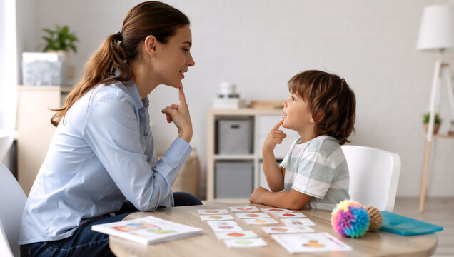 Speech therapist working with young boy on pronunciation. Professional teacher helping child with special needs during sensory lesson. Educational session for speech development and learning.