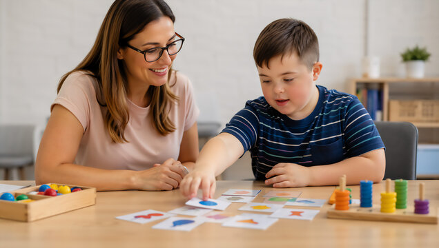 Woman teacher working with boy during educational therapy session. Child practicing cognitive skills with matching cards at school. Inclusive education training.