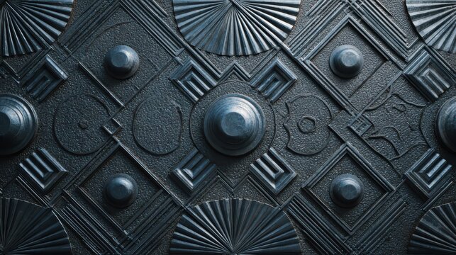 Dark textured metallic surface with geometric patterns and circular elements in studio lighting