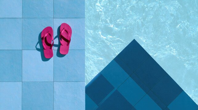 Bright pink flip-flops rest on a blue tiled poolside next to clear water
