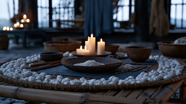 Silk cocoons and hand-reeling tools arranged as a circular process diagram still life at twilight on a bamboo workbench, each stage labeled from cocoon harvesting to thread