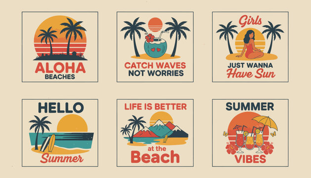Set of retro summer vacation vector badges and emblems with tropical palm trees, sun, and beach typography phrases