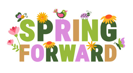 Cute Spring Forward typographic design with colorful letters, flowers, bird, butterfly, and ladybug characters for spring season banner © john