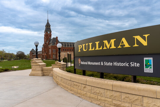 Chicago, Illinois: Pullman National Historical Park. First company town in US for construction of Pullman train cars by Pullman Company. Administration Clock tower building and sign. 