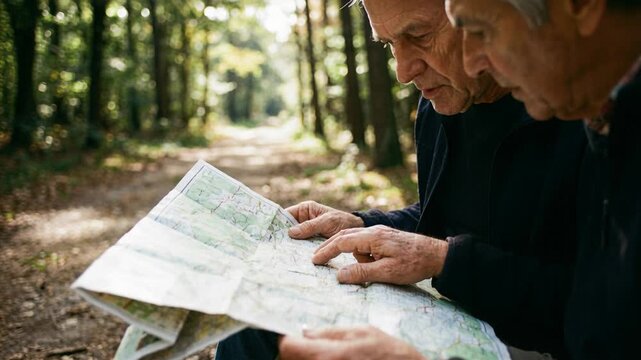 Two senior man reading paper map in forest during road trip. Elderly travelers choosing route outdoor. Adventure travel in camper van concept for vacation trip.