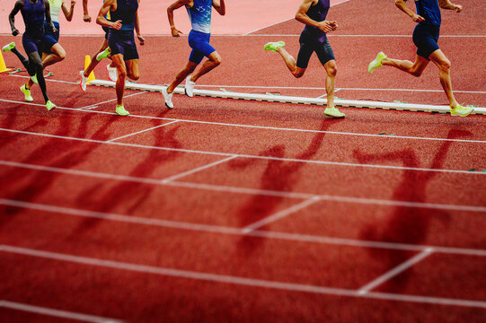 Running long distance track and field runners in motion on a red track, featuring low-angle legs, dramatic shadows, and a blurred foreground with edit space.