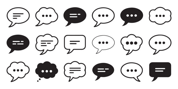 Speech bubble icon set containing various chat boxes with ellipsis text lines and cloud style designs.