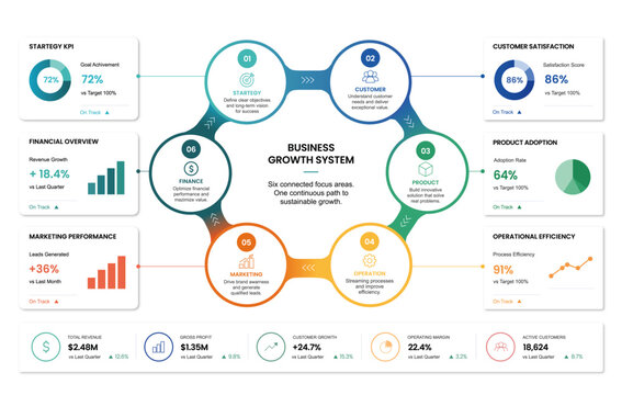 Modern Connected Business Growth Infographic Template with Analytics Dashboard Elements