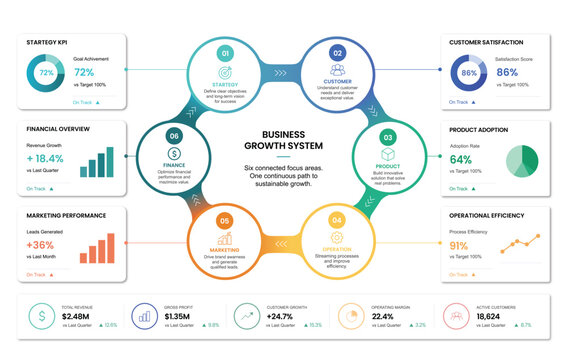 Modern Connected Business Growth Infographic Template with Analytics Dashboard Elements