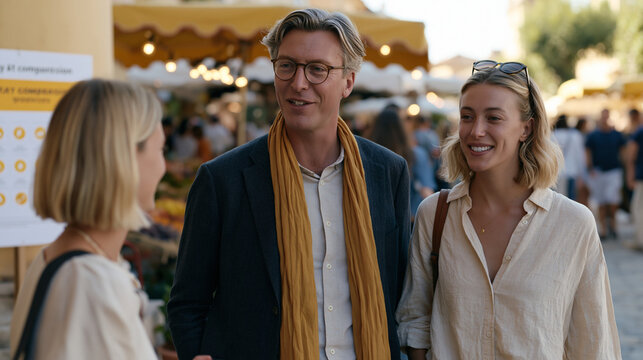 A sign language interpreter and client navigate a vibrant street market, caught candidly mid-conversation beside a stall, a flat icon grid comparison board for accessibility