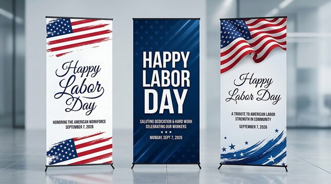 Three vertical roll-up banners for labor day celebration featuring american flag motifs, brush strokes, and typography on white and blue