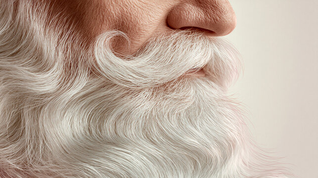 Close-up of Santa Claus's white curly beard in soft light  