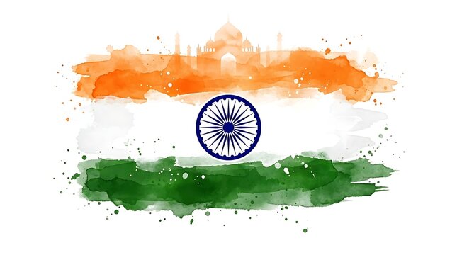 Watercolor painting of the indian flag with a central blue ashoka chakra and a faint silhouette of the taj mahal monument in the background