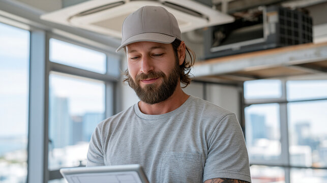 An air conditioning repair technician viewed over the shoulder in a luxury penthouse suite reviews a case study layout on a tablet, a disassembled ceiling unit above on a