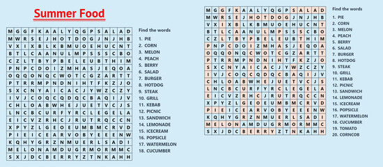 Summer food word search puzzle with highlighted words and grid  