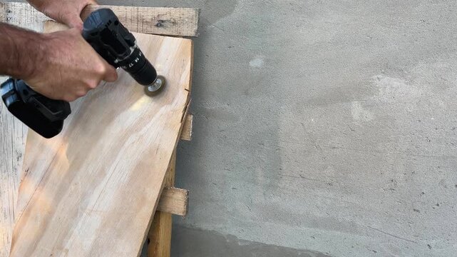 Worker hands using a cordless power drill with a wire brush attachment to sand and finish a rustic wooden board, representing diy renovation and carpentry concepts