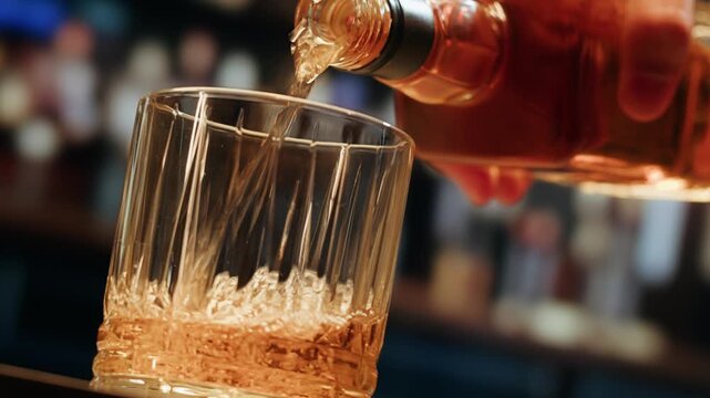 Pouring shot of red bitter, Cognac, whisky, Campari, Aperol, Cherry Vermouth Negroni, spanish wine drink, Alcoholic Americano Cocktail bitter, sweet vermouth and soda water, close up of making drink