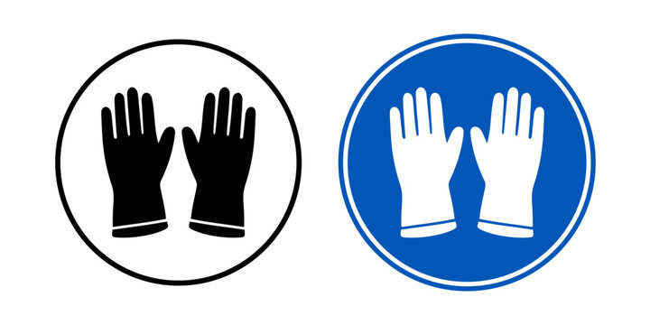 Protective gloves icon set with hand protection symbol. Mandatory PPE safety signage for industrial safety, chemical handling and laboratory work 
