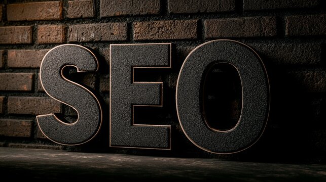 Search engine optimization concept displayed against a brick wall background.