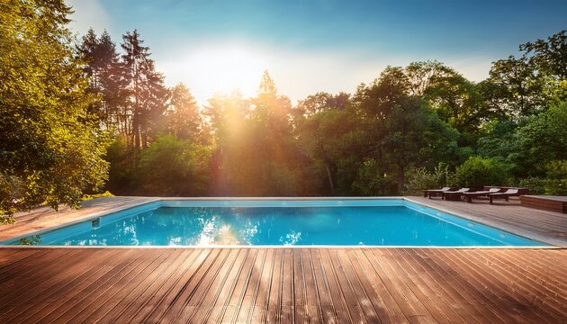 swimming pool and wooden deck with sunlight and trees outdoor scene