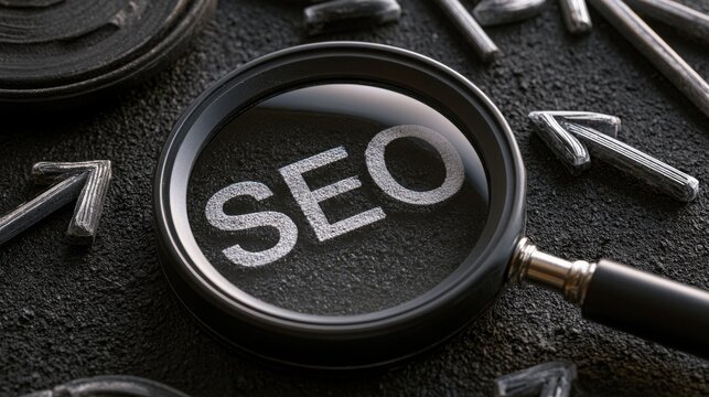 SEO concept with magnifying glass highlighting letters SEO on a chalkboard wall with directional arrows.