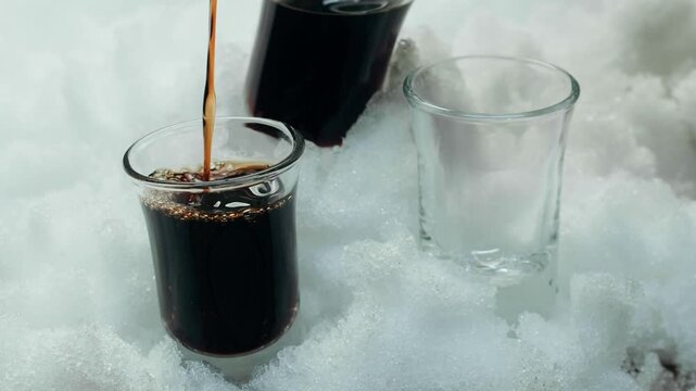 Pouring shot of red bitter, Cognac, whisky, Campari, Aperol, Cherry Vermouth Negroni, spanish wine drink, Alcoholic Americano Cocktail bitter, sweet vermouth and soda water, close up of making drink